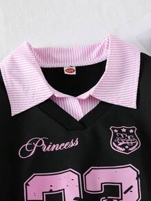 Elladie kids 1 Áo nỉ in họa tiết hoạt hình tương phản cho bé gái tuổi teen, thiết kế chắp vá, áo sọc cổ tròn phong cách sinh viên, thích hợp cho du lịch, đi học, đi chơi, trẻ em Áo nỉ họa tiết công chúa Kpop phong cách đua xe Áo nỉ E Girl Y2K - Hồng - Xem 4