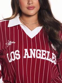 Solavibe Áo thun họa tiết cỡ lớn cho nữ, Áo thun Jersey, Áo dễ thương, Áo đi chơi, Áo phông cỡ lớn, Áo phông dài tay in chữ họa tiết sọc dọc màu tương phản dáng rộng thoải mái cho phụ nữ cỡ lớn - Đỏ và trắng - Xem 4