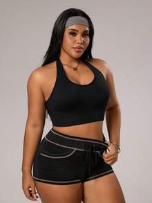 Rhythm Era Áo ngực thể thao không tay cổ yếm gợi cảm cỡ lớn cho nữ - màu đen - Xem 6