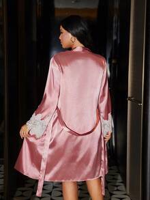 SilkySpell Elegante conjunto de camisola y bata de encaje, talla grande, rosa pálido, para otoño e invierno - Rosa vieja - Ver 4