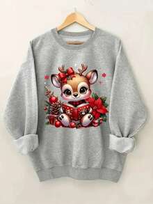 Sudadera femenina algodón suave estampado navideño ciervo caricatura cuello redondo estilo casual invierno diario - Gris - Ver 1