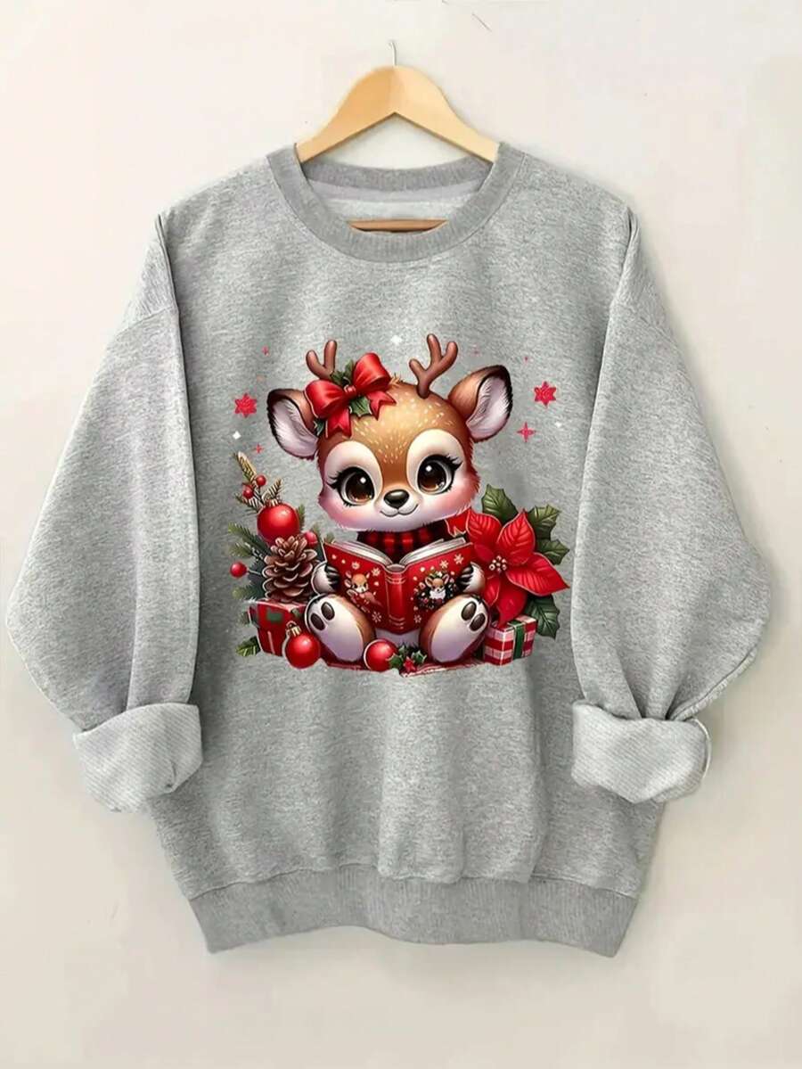 Sudadera femenina algodón suave estampado navideño ciervo caricatura cuello redondo estilo casual invierno diario - Gris - Ver 1