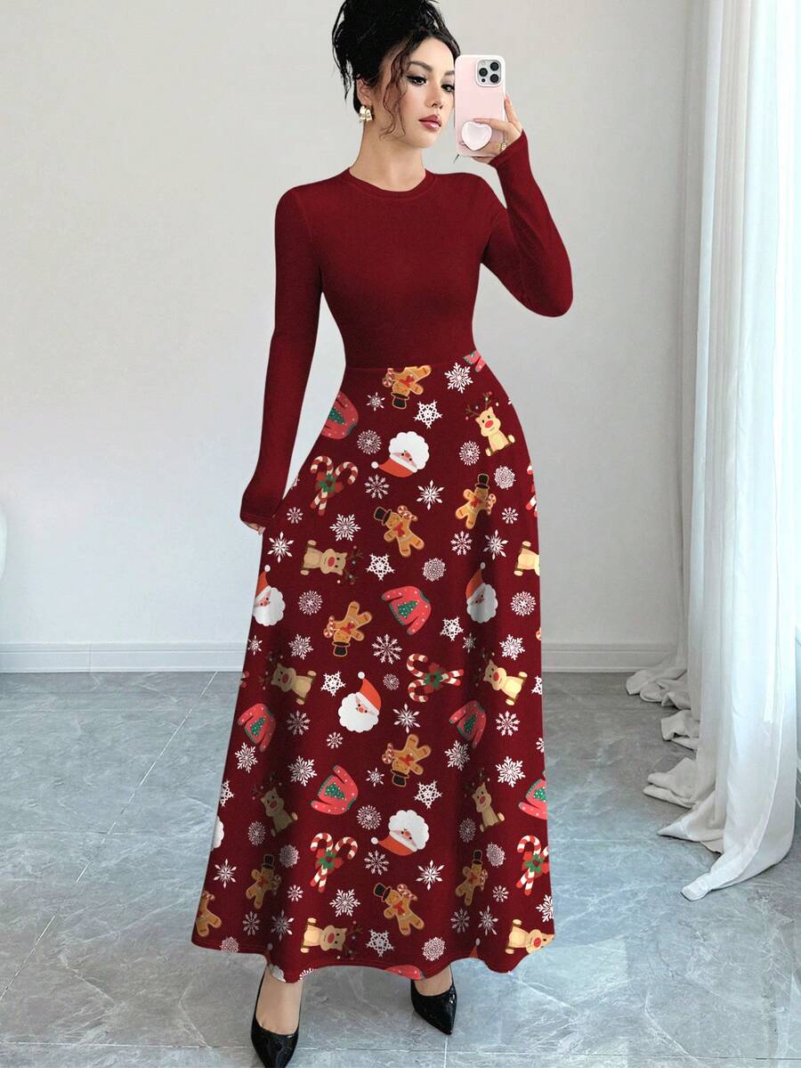 Modelyn Áo thun tay dài cổ tròn in hình tuần lộc, bông tuyết, cây thông Noel và ông già Noel thời trang dành cho nữ, mùa xuân/thu - Nhiều màu - Xem 1