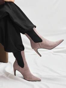 Mnmlis Ghete de damă cu toc înalt și vârf ascuțit, la modă, cu blocuri de culoare - Kaki - Vizualizare 5