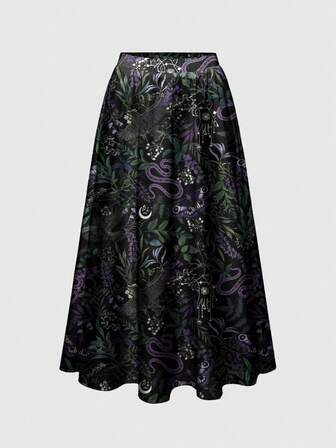 Plus Size Gothic Dark Plant Snake Print Loose Flowy Skirt