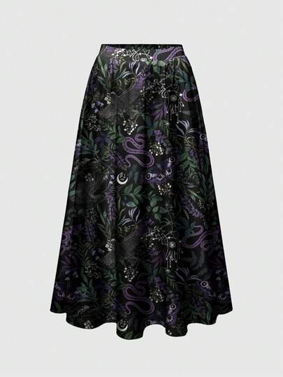 Goth Plus Size Gothic Dark Plant Snake Print Loose Flowy Skirt