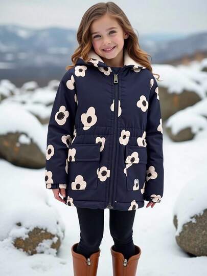 Girls (Small) Winter New Zipper Hooded Padded Coat, Fashion Thick Floral Print Waist Pocket Cute Sweet Padded Coat Kids Winter Jacket Girls Winter Jacket Kids Floral Jacket Girls Floral Jacket Kids Fleece Lined Jacket Fall
