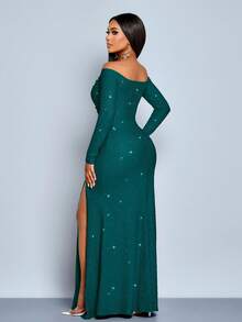 SOLERSUN Women's Fashionable Elegant V-Neck Off Shoulder Mermaid Hem Cocktail Party Night Club Bodycon Sexy Dress, Suitable For Christmas Party Vacation & Dating - Dark Green - View 2