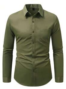 Manfinity Mode Plus Size Men's Solid Color Regular Fit Button-Front Long Sleeve Casual Dress Shirt - Army Green - View 3
