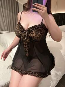 Flirla Shibuya Girl Leopard Print Chiffon Patchwork Frill V-Neck Tie Waist Beaded Camisole Top, American Vintage Leopard Bow Patchwork Beaded Camisole Sleeveless Crop Top For Women - Multicolor - View 4
