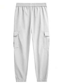 Manfinity Homme 男士纯色抽绳腰带工装口袋保暖休闲慢跑裤，灰色工装裤，适合街头穿搭、日常休闲、周末旅行、户外活动、探险旅行、轻松的工作环境或半正式场合，也是送给男友/丈夫、周年纪念日或圣诞节的理想礼物。 - 白色 - 查看 2