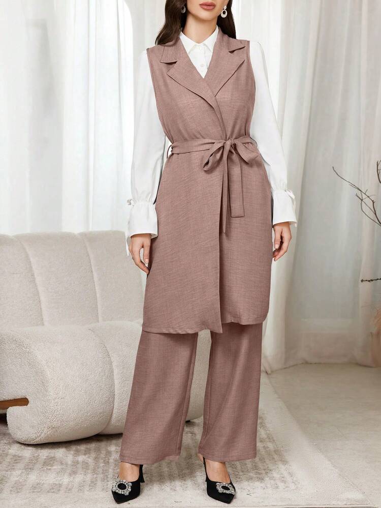 Modelyn 3-delige elegante zakelijke outfit: effen vest, lange broek en overhemd voor woon-werkverkeer in de herfst. 2-delige set - Rusty roze - Bekijken 3