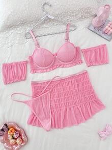 SHEIN Plus Size Sexy Puff Sleeve Semi-Sheer Mesh Top + G-String + Mini Skirt + Sleeve Cuffs 5-Piece Set - Pink - View 3