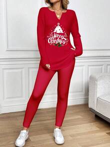 SHEIN LUNE 2 Stücke/Set Damen Lässig Minimalistisch Roter Weihnachtsbaum Muster Langarm T-Shirt und Leggings, geeignet für Weihnachten, Party, Weihnachtsrentier, Weihnachtsfeier, Familienfeier, Passende Familie, Paare, Schwestern - Verschiedenfarbig - Übersicht 6