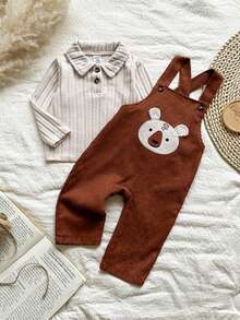 Vintaside Kids 2 件套男婴柔软长袖杏色上衣和可爱刺绣熊棕色围兜裤套装，适合日常外出和各种场合 - 彩色 - 查看 4