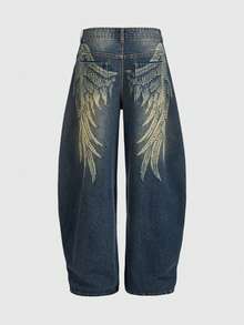 ROMWE MEN Street Life Men's Casual Fashion Street Wing Print Loose Flared Leg Jeans - Blue - View 6