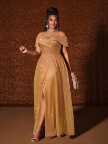 Maweii 大码无袖露肩性感开衩优雅时尚连衣裙 - 橘色 - 查看 5