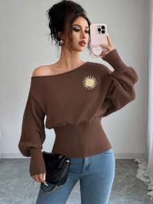 Selianne Women's Lantern Sleeve Sunflower Metal Decor Waist Sweater With Asymmetric Shoulder Design - Coffee Brown - View 1