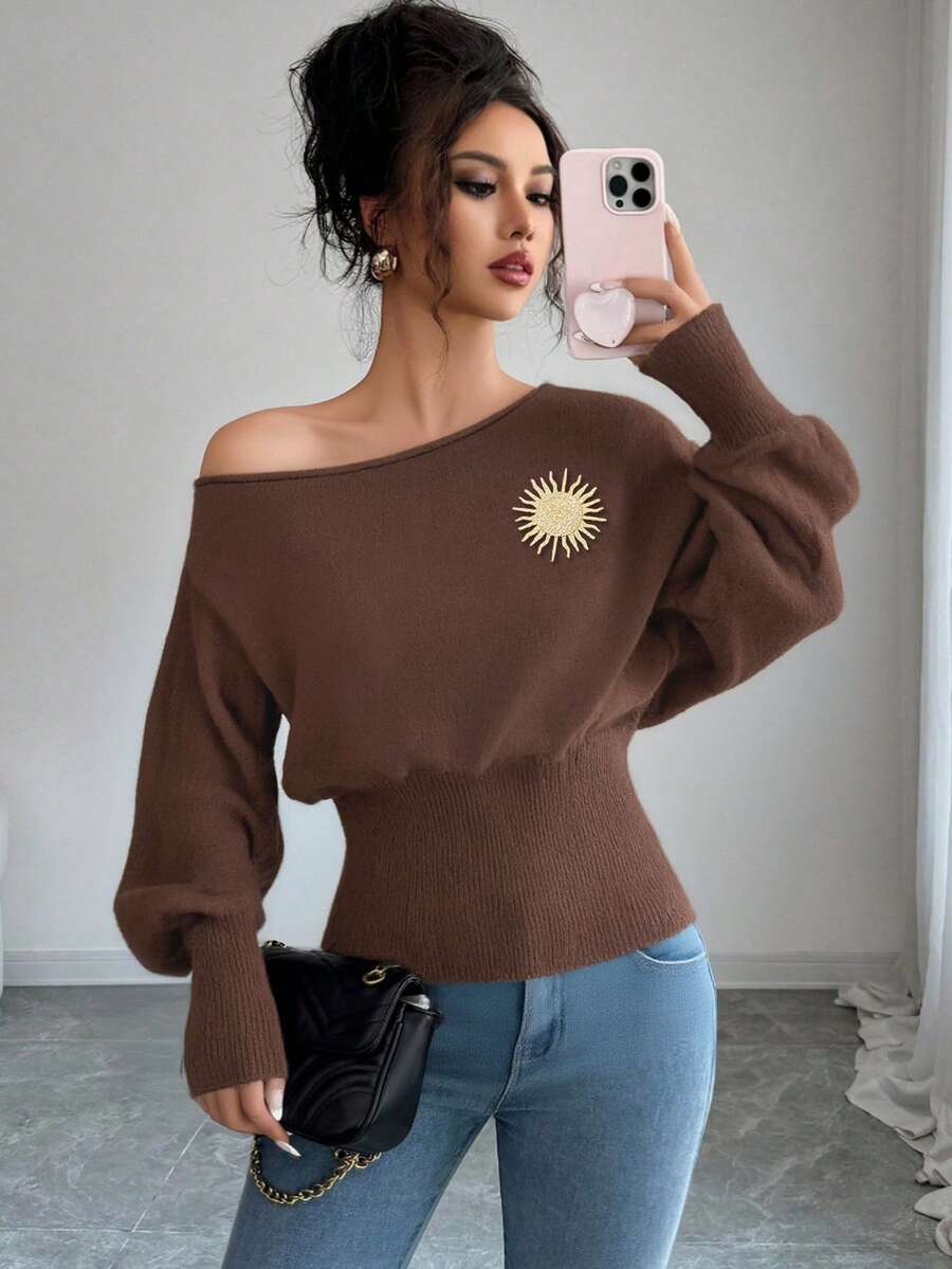 Selianne Women's Lantern Sleeve Sunflower Metal Decor Waist Sweater With Asymmetric Shoulder Design - Coffee Brown - View 1