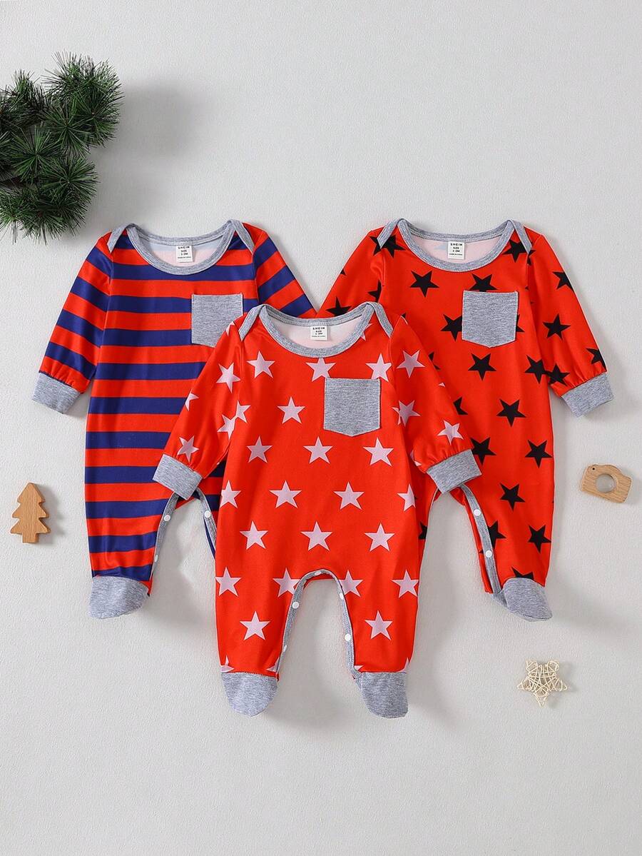 3pcs/Set Infant Boys' Red Star & Stripe Print Contrast Gray Pocket Romper Pajamas Casual Outfit - Multicolor - View 1