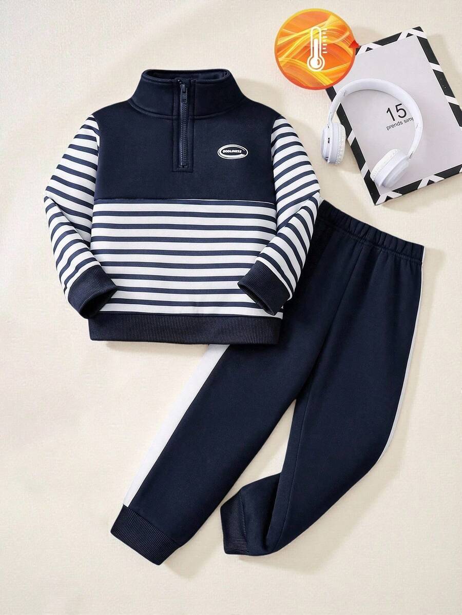SHEIN Explorewe 2pcs/Set Young Boy Fuzzy Patchwork Colorblock Striped Sweatshirt And Pants, Suitable For Autumn/Winter Seasons, Suitable For Various Occasions - Navy Blue - View 1