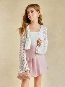 Girls V-Neck Openwork Cardigan, Solid Color, Spring/Summer - White - View 6