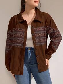 Momelise Plus Size Corduroy Contrast Color Print Long Sleeve Shirt - Coffee Brown - View 7