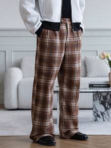 HUEFORM Men's Old Money Relaxed Fit Straight  Cotton Casual Plaid Brown & 's Pants Commuting And Dating Occasions For Men For Boy Wintet - Brown - View 5