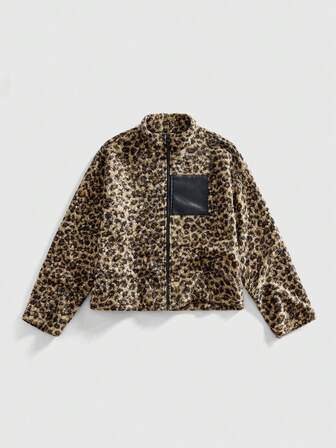 Men's Casual Fashionable Street Punk Leopard Print Patchwork Pocket Zipper Front Jacket, Autumn/Winter
