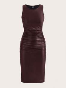 SHEIN EZwear 大码女式纯巧克力棕色弹力皮革无袖褶皱紧身连衣裙 - 巧克力棕 - 查看 1