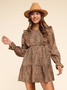 Coeurva 女式豹纹拼布荷叶边下摆休闲长袖连衣裙 - 棕色 - 查看 7