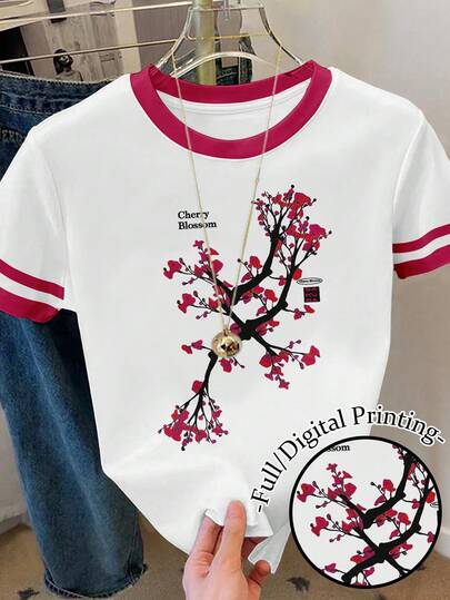 Resyla Sakura Cherry Blossom Print Ringer Tee Graphic Tees Women Tops
