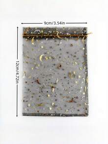 20/50/100个装 9*12厘米 烫金黑色月亮星星图案欧根纱束口袋，适用于珠宝收纳、糖果、巧克力包装、生日、派对礼品包装 - 黑色 - 查看 3