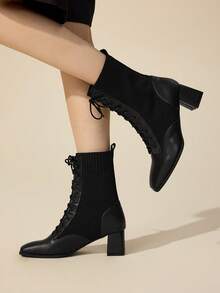 CUCCOO BASICS 女士尖头系带高跟中筒时尚靴，适合圣诞节穿着 - 黑色 - 查看 10