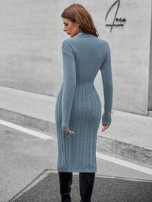 EMERY ROSE Vestido de suéter elegante con abertura larga y cintura ceñida para mujer - Neblina azul - Ver 2