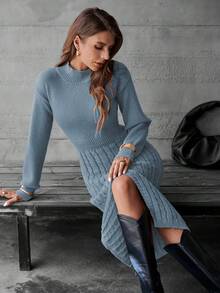 EMERY ROSE Vestido de suéter elegante con abertura larga y cintura ceñida para mujer - Neblina azul - Ver 4