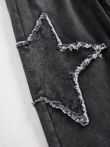 Oversized Straight Leg Jeans For Tween Boys, Casual Street Style, Black Washed Denim With Star Embroidery Design, Elastic Waistband And Drawstring For Comfort, Versatile Fashion Item For Daily Wear, Casual Outings, School, And Weekend Streetwear - Black - View 6