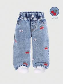 Baby Girls' Denim Jeans, Casual & Cute, Elegant Embroidered Cherry Blossom & Bow Decor, Straight Leg, Elastic Waist, Comfortable Cotton Denim, Suitable For Daily Wear, Home, Travel, Fashionable Item, New Arrival For 2023 Autumn