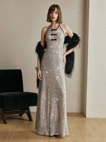 Arave Vestido de fiesta elegante con escote en V y cuello halter con lentejuelas para mujer