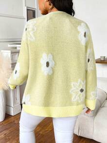 EMERY ROSE Plus Size Women Floral Pattern Drop Shoulder Long Sleeve Casual Knit Cardigan, Autumn/Winter - Light Yellow - View 2