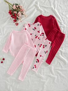 SHEIN Vintaside Kids 6 件套女婴秋冬新款罗纹针织面料杏色樱桃印花和纯色长袖上衣和裤子套装，3 件时尚休闲可爱套装 - 彩色 - 查看 2