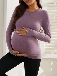 SHEIN Maternity Casual Slim Fit Long Sleeve Sports T-Shirt, Autumn/Winter - Burgundy - View 1