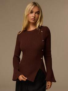 Glamine Women's Slim Fit Waist Design, Hem Slit Metal Button Decor, Casual Round Neck Long Sleeve Pullover Sweater - Brown - View 4