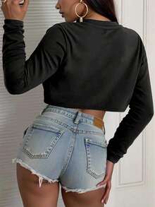 INAWLY Kurze Langarm Damen T-Shirt, locker und lässig, warm und bequem, reifer Stil - Schwarz - Übersicht 2