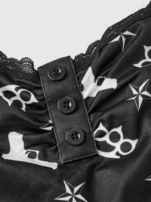 ROMWE Gothic Lace Fingerless Gloves, Pentagram Pattern Casual Cute Cartoon Funny Pajama Shorts Set - Black - View 7