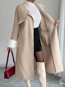 Elenzga 女士束腰人造毛皮拼接长款优雅大衣，秋冬款 - 杏色 - 查看 5