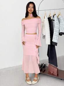 SHEIN 少女合身休闲简约舒适露肩喇叭袖上衣，3D 花卉装饰，A 字裙套装 - 粉色 - 查看 6