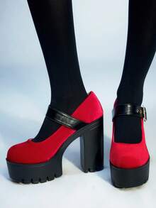 Sugerpunk 女士性感红色绒面革厚底粗跟高跟鞋女士性感纯色金属扣带高跟玛丽珍鞋，春秋 - 紅色 - 查看 4