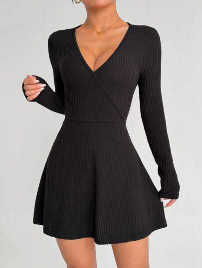 Dewbera Women's Elegant Long Sleeve V-Neck Fitted Dress With Asymmetric Hem And Side Pockets, Yoga/Activewear Dress With Leggings, Spring/Autumn Long Sleeve Tennis Dress Wrap Dress Black Tennis Dress Ribbed Dress Dress Romper