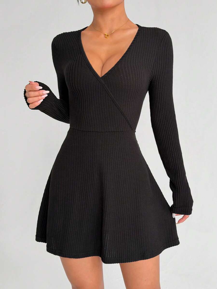 Gameset SHEIN Sport Women's Elegant Long Sleeve V-Neck Ribbed Dress Romper,Black,Autumn,Basic,Elegant,Sexy,Night Party,Asymmetric Hem Side Pockets Tennis Wrap Dress - Black - View 1